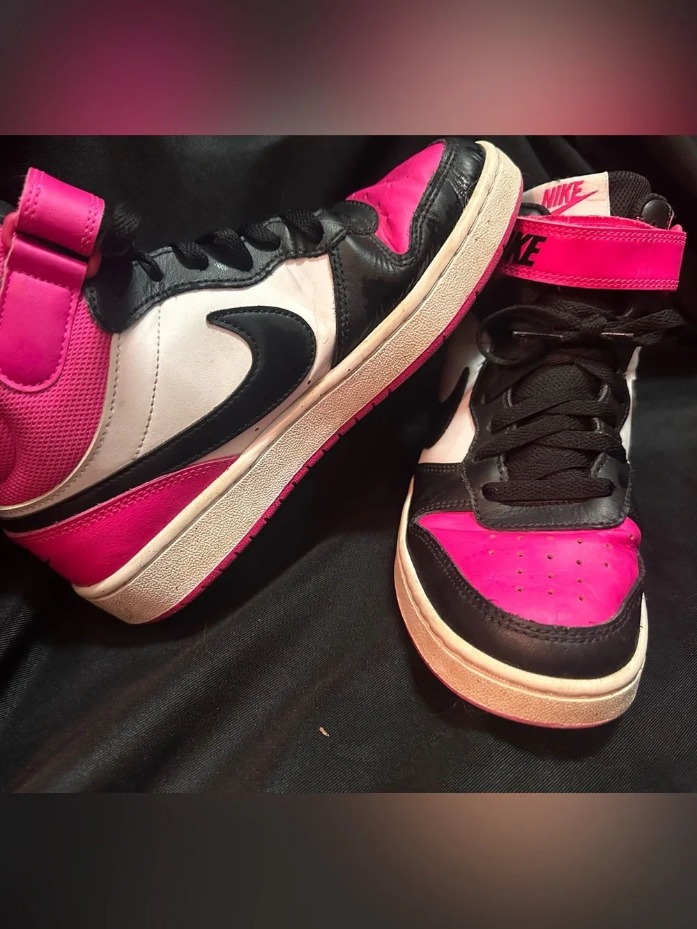 Nike Court Borough 2 High Top Kids Leather Hook & Loop Pink/Black/White Youth 6